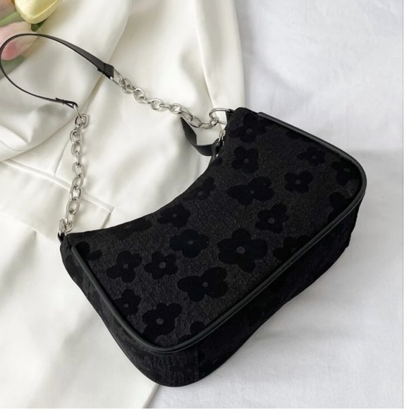 Black floral print faux leather shoulder bag with silver chain | NWT - Picture 5 of 5